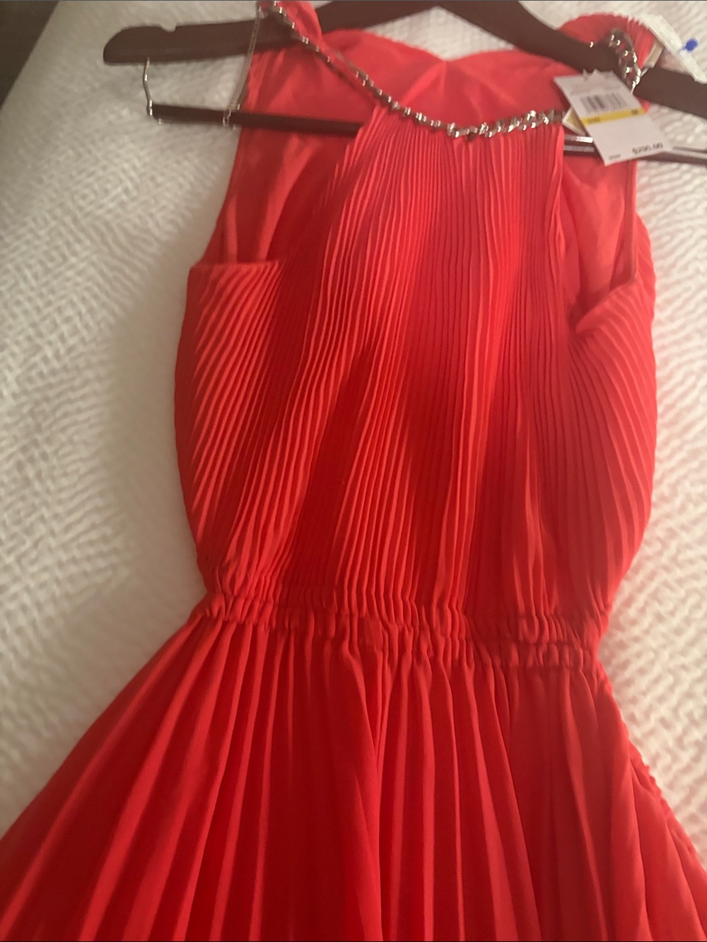 MICHAEL Michael Kors Coral-Red Pleated Maxi Dress with Chain Strap